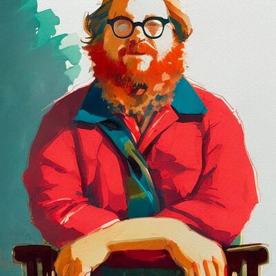 Painterly portrait of Steven, with a red beard and round glasses, wearing a red shirt against a teal background.
